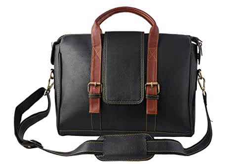 Mysa Black Vegan Leather Slim Vintage Messenger Crossbody Satchel Shoulder Briefcase Sleeve Bags with Adjustable Strap for Office Work Travel Fits 14