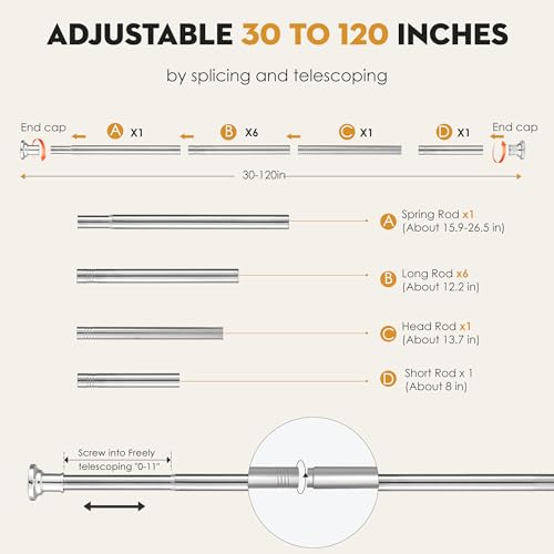 Image of Silver Long Curtain Rod Tension Shower Curtain Rods 30 to 120 inch Adjustable Heavy Duty Rods for Bathroom Windows Outdoor Spliced Telescopic Design No Drill No Slip Stainless Steel