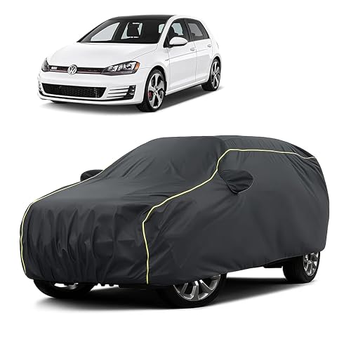 Image of Sulfar 100% Water Resistant Car Body Cover Compatible with Mirror for Volkswagen GTI (Triple Stitched, Full Bottom Elastic, Dark Grey Taffeta with Yellow Piping)