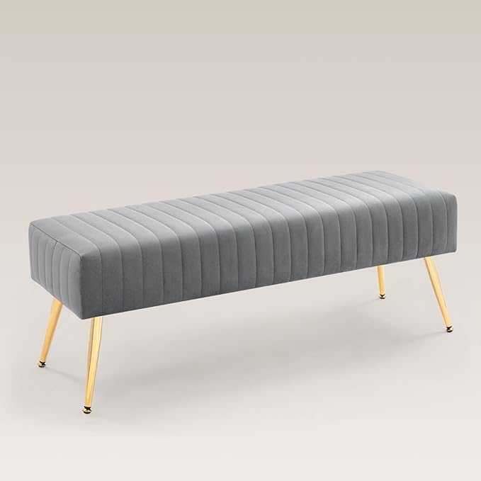 Image of Modern Velvet 2 Seater Ottoman | Upholstered Long Ottoman for Bedroom, Living Room, Entryway, Sofa Upholstered or End of Bed Seating | Comfortable Padded Accent Furniture | Velvet Grey