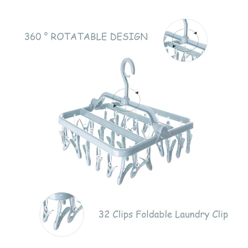 Clothes Drying Racks, Foldable Laundry Drying Hanging Rack with 32 Clips Foldable Laundry Clip Hanger Underwear Hangers for Socks Towels Bras (Light Blue)