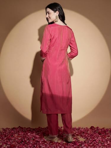 Image of INDO ERA Women's Silk Blend Embroidered Zari Work Straight Kurta & Pant Set | Cord Set For Women