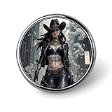 Badge rond en métal léger et durable représentant une fille cowboy tatouée, idéal pour les hommes et les femmes, idéal pour les chemises, les vestes et les chapeaux.