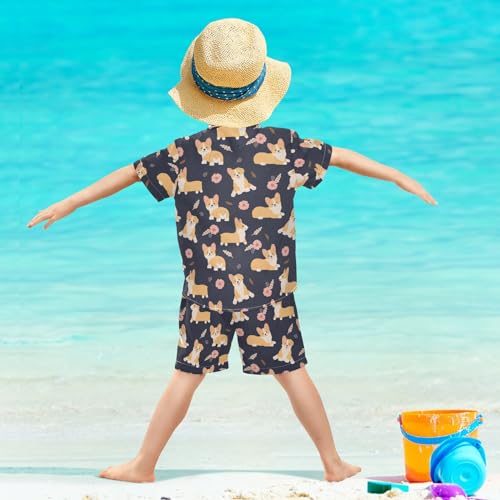 Image of Sunflower Floral Yellow Black Short Sleeve Hawaiian Button Down Shirts and Short Sets for Boys Toddler Summer Outfits
