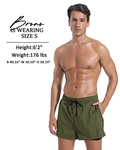 Difficort Mens Swim Trunks With Compression Liner Quick Dry Bathing Suit Swimsuit With Zipper Pockets,Army Green,Small #TOP1