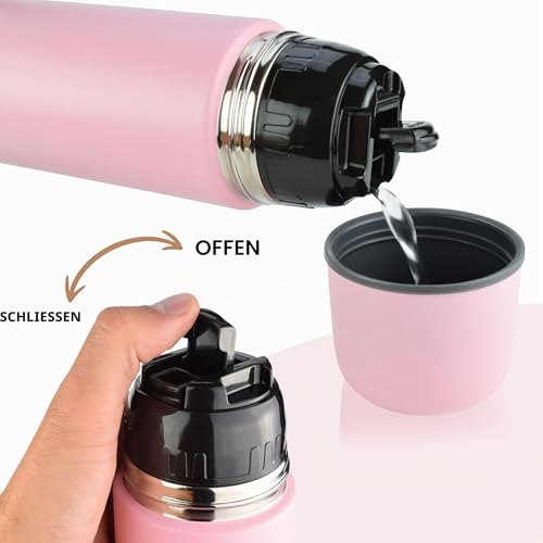 Milu Bouteille isotherme en acier inoxydable - 1L, 750ml, 500ml - Thermo Double Paroi, Sans BPA, Transport Café, Thé, Eau (Rose, 500 ml) - 7