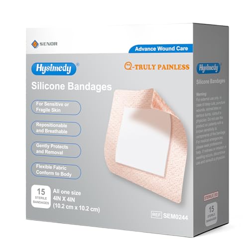 Hysimedy Silicone Bandages for Sensitive Fragile Skin 4x4 15 Count Flexible Fabric Latex Free Hypoallergenic Breathable Large Bandages for Wounds Easy Painless Removal for Geriatric and Children