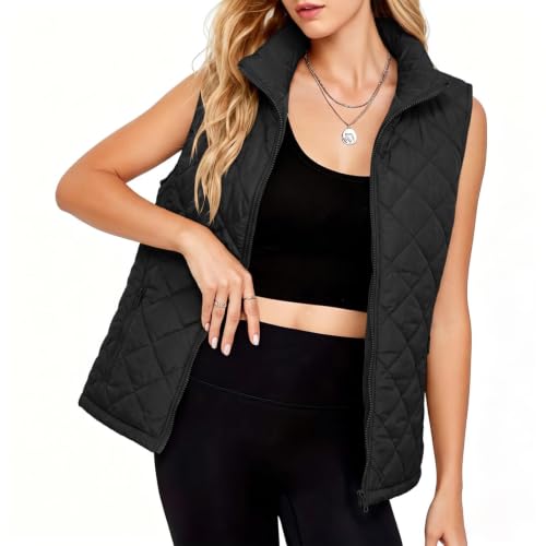XOGWVJ Womens Puffer Vest Lightweight Quilted Sleeveless Full Zip Stand Collar Warm Casual Fall Winter Outerwear Jacket Coat Cute Puffer Vests for Women Black S - image 6