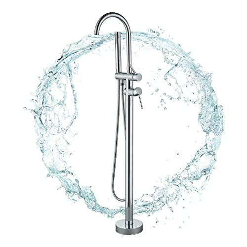 fyheast Grifo Bañera independiente Grifo de llenado de baño Soporte de piso de manija única Cromo con ducha de mano