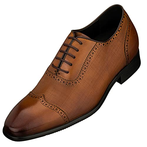 CALTO Men's Invisible Height Increasing Elevator Shoes - Brown Premium Leather Lace-up Wing-tip Formal Oxfords - 2.4 Inches Taller - Y1066 - Size 9 D(M) US