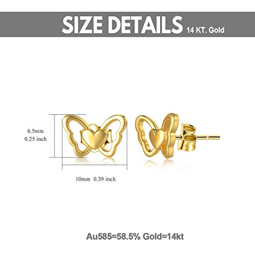 14K Solid Yellow Gold Butterfly Heart Earrings, Real Gold Push Back Stud Earring Love Jewelry For Women, Girls, #TOP1