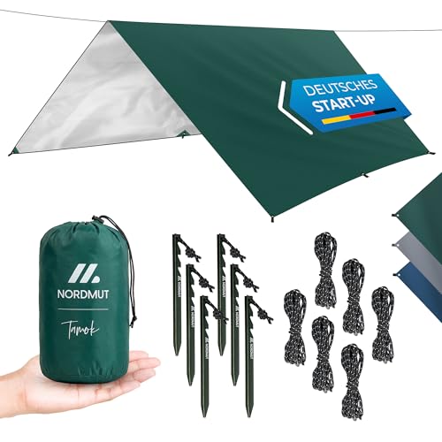 NORDMUT Tarp 3x3/4m wasserdicht für optimalen Regen- und Sonnenschutz Robuste Zeltplane kleines Packmaß mit Ösen Tarp Ultraleicht für Camping & Wandern (Grün 300 x 300 cm)