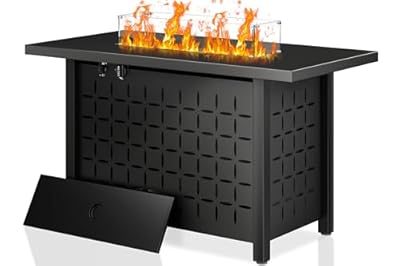 Shintenchi 43 Inch Fire Pit, 50,000 BTU Outdoor Propane Fire Table, Outdoor Steel Propane Fire Pit with Lid and Lava Rock for Garden, Yard, Camping, Pool Use, Black