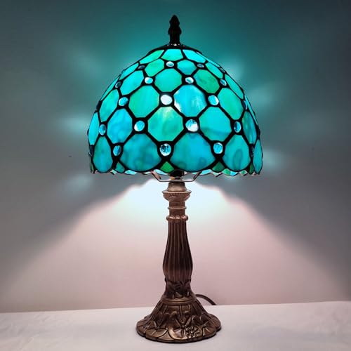 Image of Small Tiffany Table Lamp 8 Inch Tiffany Style Desk Lamp Stained Glass Antique Light Bedroom Bedside Lamp Retro Reading Lamps (Green Pearls Style)