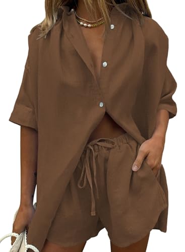 Image of Fixmatti Women 2 Piece Outfits Long Sleeve Button Down Blouse and Shorts Sweatsuit Sets