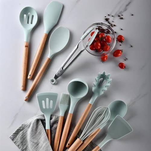 Kitchen Utensil Set, 12 PCS Silicone Cooking Utensils Set with Wooden Handle, Heat Resistant, Nonstick Cookware Tongs Spatula Spoon Set, Dishwasher Safe, Best Kitchen Tools (Green) - Image 4