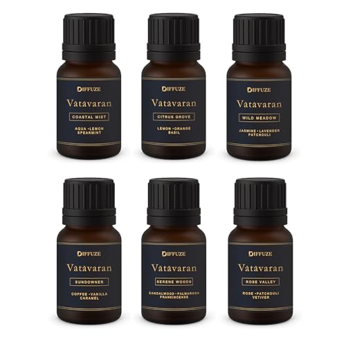 Image of DIFFUZE Essential Oil Set | Vatavaran Collection - Set of 6 x 15 ml Aroma Oil Gift Box | Premium Fragrance Oil set for Diffuser, Candle Making, Aromatherapy | Long-Lasting Luxury Modern diffuser oil for Home