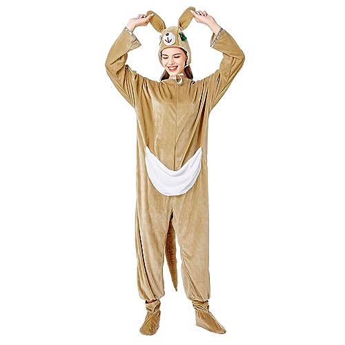 Achlibe Costume d'Halloween fantaisie animal kangourou mante élan combinaison pyjama en peluche à capuche avec fermeture éclair, A-kangourou, S