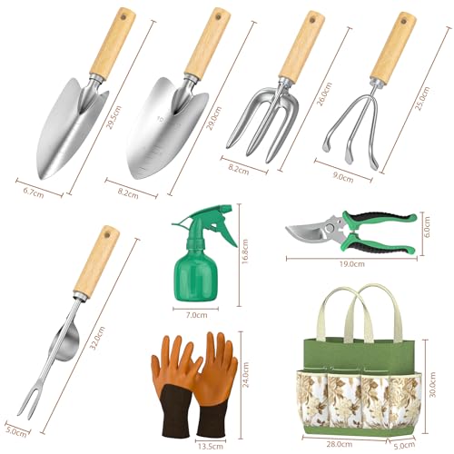 Fixmend Garden Tools Set, 9 Pieces Gardening Hand Tool Gift Kit, Stainless Steel Gardening Gifts for Women & Men with Heavy Duty Tool Bag for Easy Storage