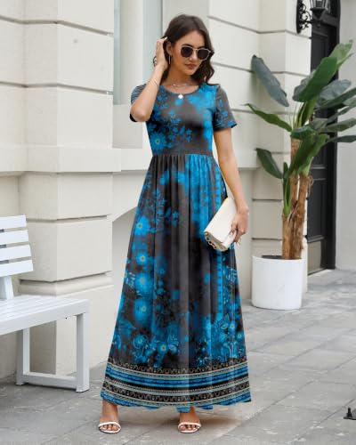 Image of COSSEN Women's Crew Neck Short Sleeve Maxi Dress with Pockets Casual Loose Swing for Wedding Guest Beach Vacation