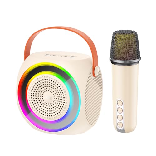 Mikrofon, XO Kablosuz Bluetooth Hoparlör ve Karaoke F42 – 10W Güç, RGB Işıklı, TF Kart & USB Destekli, Taşınabilir Ses Sistemi-(11,2 * 7,8 * 11,3 CM)-Bej