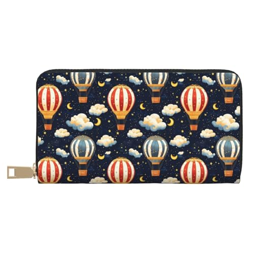 Leather Thin Slim Wallets for Women & Men - Starry Sky Hot Air Balloon Print Card Wallet Holder with Zipper