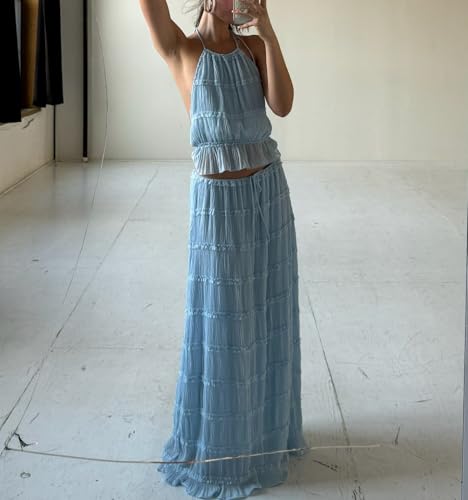 Womens 2 Piece Maxi Skirt Set Halter Open Tie Back Tank Top Elegant Long Skirts Summer Beach Vacation Outfits2
