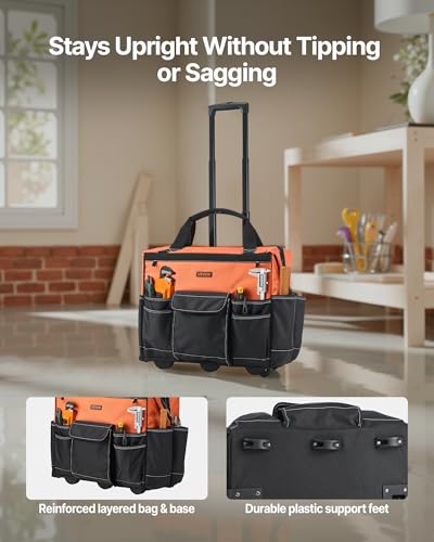 Image of VEVOR 20 inch Rolling Tool Bag, 110 lbs Load Capacity, 27 Pockets Heavy Duty Roller Tool Bag on Wheels, Adjustable Telescoping Handle & Stable Base, Toolbag Organizers w /Wheels for Construction, Mechanic