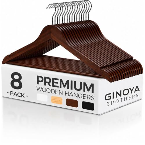 Image of GINOYA BROTHERS Walnut Wooden Suit Hangers 24 Pack with Non Slip Pants Bar - Smooth Finish Solid Wood Coat Hanger for Camisole, Jacket, Pant, Dress Clothes Hangers (Walnut: 8)