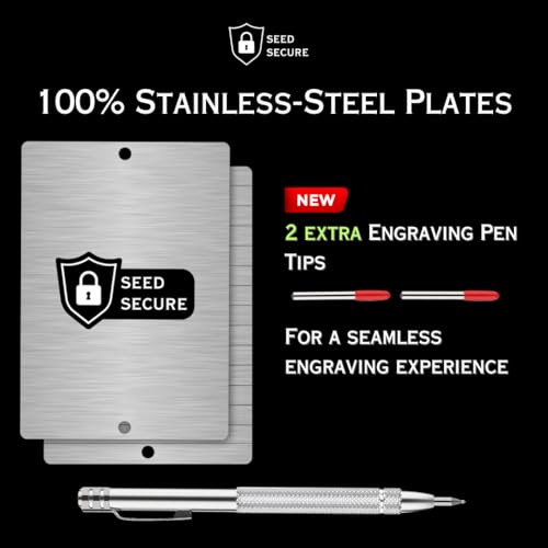 Image of Crypto Seed Phrase Backup /Storage Plates | Includes a Set of 2 Stainless-Steel Plates, Engraving Pen with 2 Extra Tips, 2 Sets of Rivets, and 4 Tamper Proof Stickers (Electric Engraving Pen)