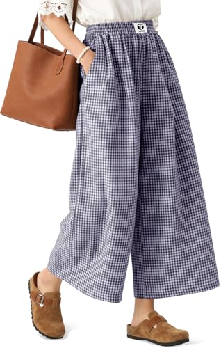 Image of TARSE Women Wide Leg Capri Pants Loose Gingham Plaid Culottes Summer Elastic Waist Palazzo Trousers Bottoms with Pockets