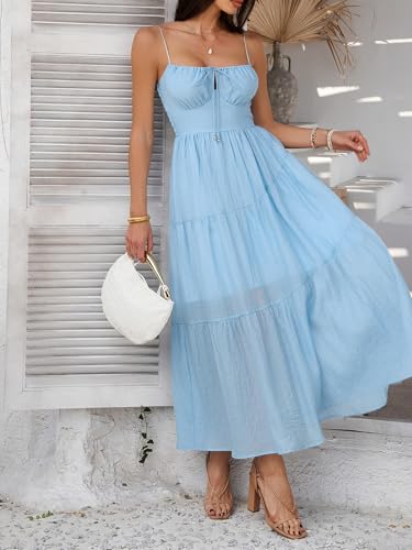 Image of Sumleno Summer Spring Dresses for Women 2026 Corset Spaghetti Strap Flowy Maxi Dress Vacation Beach Wedding Guest Outfits