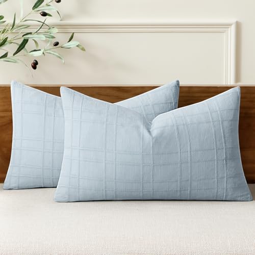 Image of MIULEE Decorative Linen Check Lumar Throw Pillow Covers Neutral Farmhouse Vintage Pillow Covers 12x20 Set of 2 Boho Modern Home Decor for Sofa Couch Bedroom Cushion Coastal Blue