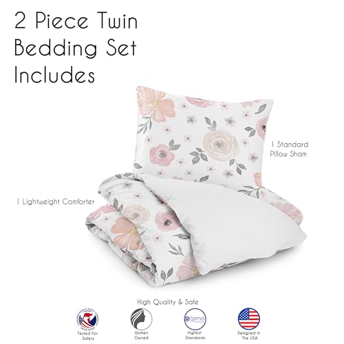 Image of Sweet Jojo Designs 2-Piece Twin Comforter Set (Pink /Grey Boho Floral) for Girls, Kids, Teen, College Bed Room incl. Single Size Bedding & Sham (Watercolor, Flower, Elegant Rose, Farmhouse, Blush Gray)