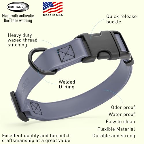 Image of Dogline Biothane Waterproof Dog Collar with Quick Release Buckle Strong Coated Nylon Webbing with Odor- Proof for Easy Care Easy to Clean Fits Small Medium Large Dogs, Grey 3 /4 inch W 12-19 inch L