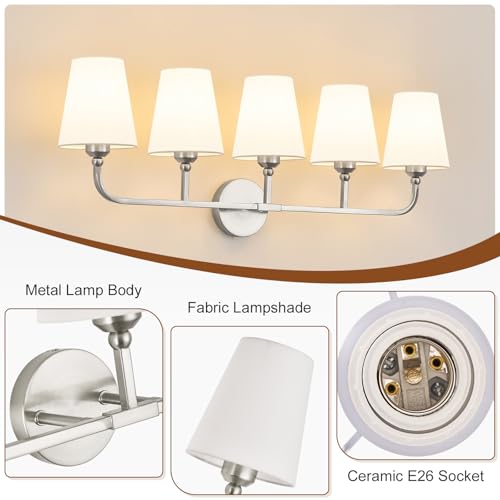 Image of Bathroom Vanity Light Brushed Nickel Bathroom Lighting Fixtures Over Mirror | 5-Light Bathroom Light Fixtures with Flared White Fabric Shade, E26 Socket (ETL Listed)