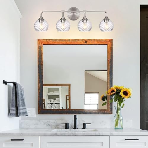 Image of MELUCEE Bathroom Vanity Light Brushed Nickel 4 Lights with Clear Striped Swirl Glass Shade, 33 inch Vanity Lighting Fixtures Over Mirror Modern Bathroom Wall Lights for Powder Room Kitchen Foyer