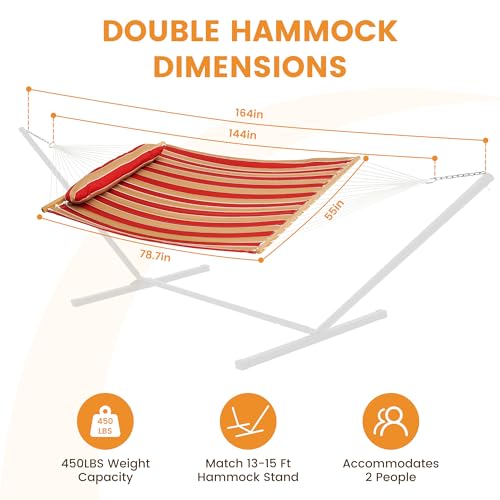 Image of Lazy Daze Hammocks Hammock Quilted Fabric with Pillow for Two Person Double Size Spreader Bar Heavy Duty Stylish, Red & Tan Stripe