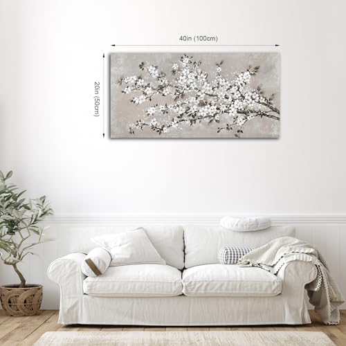 Image of VEAEE White Blossom Branches Wall Art, Floral Canvas Prints, Living Room Decor Abstract Flowers Painting Canvas Pictues, Contemporary Artwork Bedroom Office Kitchen Wall Decor Ready to Hang 20 inchx40 inch
