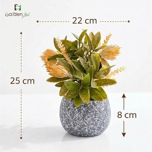 Image of Garden Art Artificial Protea Flower Arrangement Placed in a Small Decorative doted Pot. The Spiky, Cone-Shaped Bloom and Textured Petals are Typical of Protea Flowers (P-0235Peach)