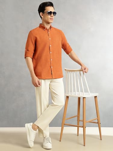Image of Thomas Scott Men's | Solid | Textured Fabric | Full Sleeve | Slim Fit | Polyester-Blend | Spread Collar | Casual Shirt