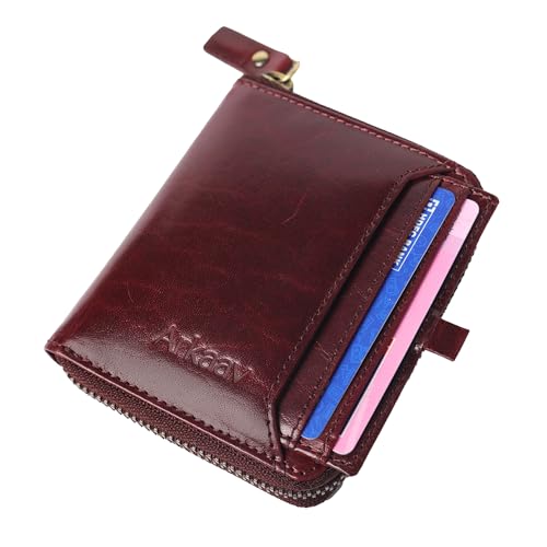 Cherry Top Grain Crunch Leather Zip Around Wallet for Men – RFID Blocking Bifold with Zipper Closure, Removable Card Holder, Multiple Slots & ID Window