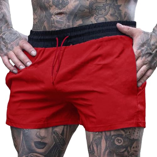 Hombre Costura Interior de 4 Pulgadas Correr Fitness Entrenamiento Pantalones Cortos Tener Bolsillo con Cremallera Sin Revestimiento Rojo M