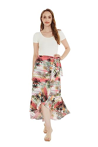 Women's Hawaiian Luau Wrap Ruffle Skirt in Sunset Neon Pastel