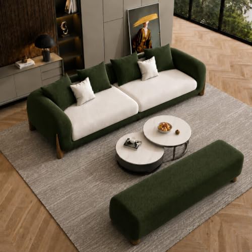 Image of Modern Boucle Sofa for Living Room Bedroom Reception and Office Wooden Polished Leg Sofa for Living Room (Dark Green & Off White, 3 Seater + Bench)