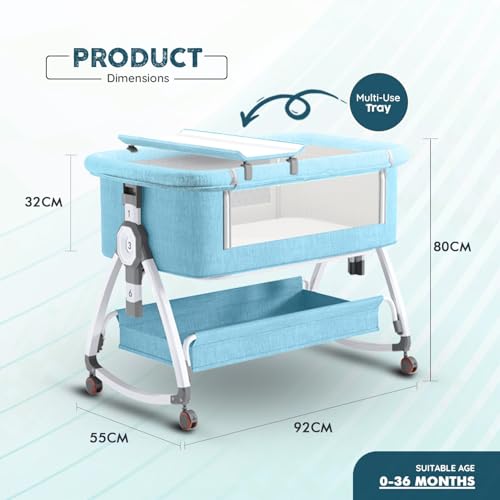 Image of Premium 6-in-1 Baby Bedside Cot, Crib, Cradle Portable All-Mesh Bassinet with Multi-Purpose Tray,Wheels, Storage Basket, and 6 Height Adjustments, for Newborns- SkyBlue | Breathable Cloth