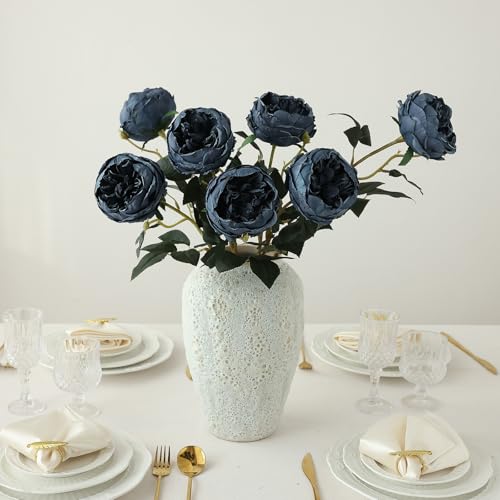 Image of mizii 6Pcs Burnt Blue Artificial Roses Flowers Fake Silk Roses Flower with Long Stem for Wedding Decorations Table Centerpieces Flower Arrangement Home Decor (Burnt Blue)