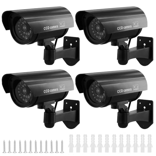 QWORK® 4 Pack Black Dummy Security Cameras with Red Flashing Light, Waterproof Bullet Shape, Outdoor Indoor Use, Includes CCTV Signs and Screws, No Batteries Included