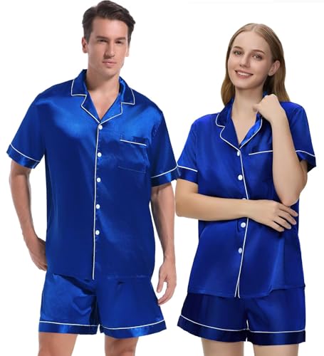 Couple Pajamas Set Satin Short Sleeve Sleepwear 2 Pcs Button Down Pjs Loungewear