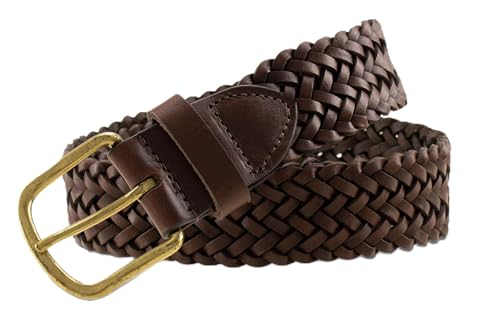 Thomas Bates Branson Hand Braided Brown Genuine Woven Leather Belt – For Men Casual Jeans or Dress Pants with Brass Buckle